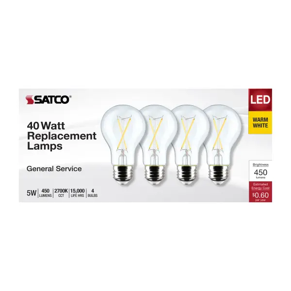5 Watt A19 LED Filament - Clear - 2700K - Medium Base - 120 Volt - 4-Pack - Image 3