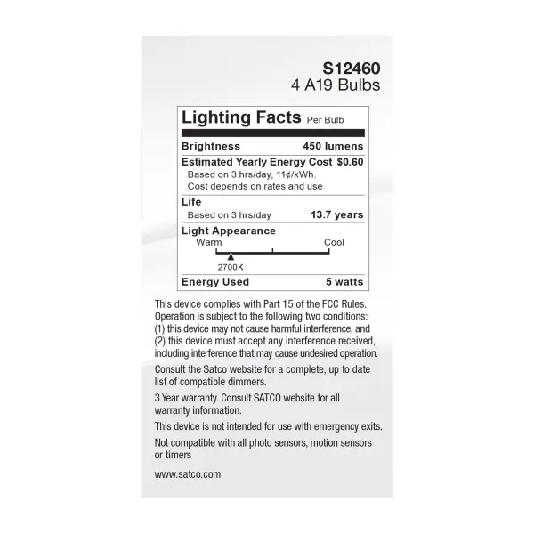 5 Watt A19 LED Filament - Clear - 2700K - Medium Base - 120 Volt - 4-Pack - Image 5