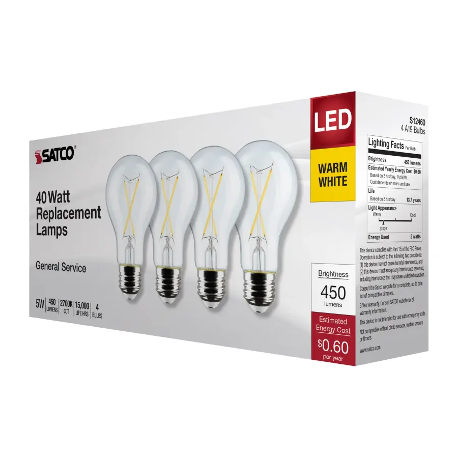 5 Watt A19 LED Filament - Clear - 2700K - Medium Base - 120 Volt - 4-Pack - Image 7