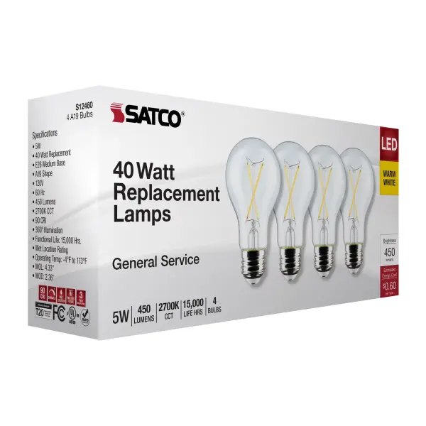 5 Watt A19 LED Filament - Clear - 2700K - Medium Base - 120 Volt - 4-Pack - Image 8