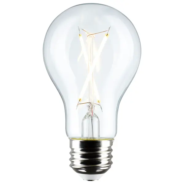 Satco's 5-watt, A19 LED bulb with a medium base is dimmable and offers soft white light with a 280 degree beam spread. Wet rated for use in kitchens and bathrooms, this clear bulb is sold in a convenient 4-pack. Elegant and long-lasting, this clear bulb delivers 15,000 hours of exceptional illumination. - alternate view
