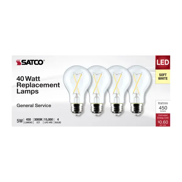 5 Watt A19 LED Filament - Clear - 3000K - Medium Base - 120 Volt - 4-Pack - Image 3