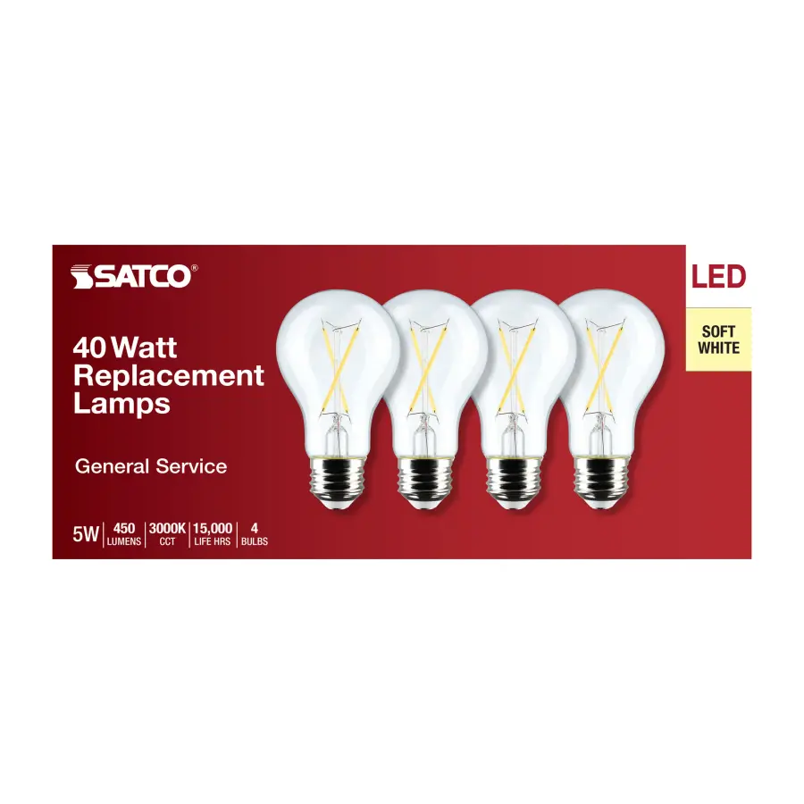 5 Watt A19 LED Filament - Clear - 3000K - Medium Base - 120 Volt - 4-Pack - Image 4