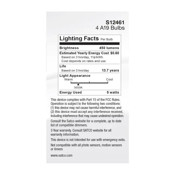 5 Watt A19 LED Filament - Clear - 3000K - Medium Base - 120 Volt - 4-Pack - Image 5