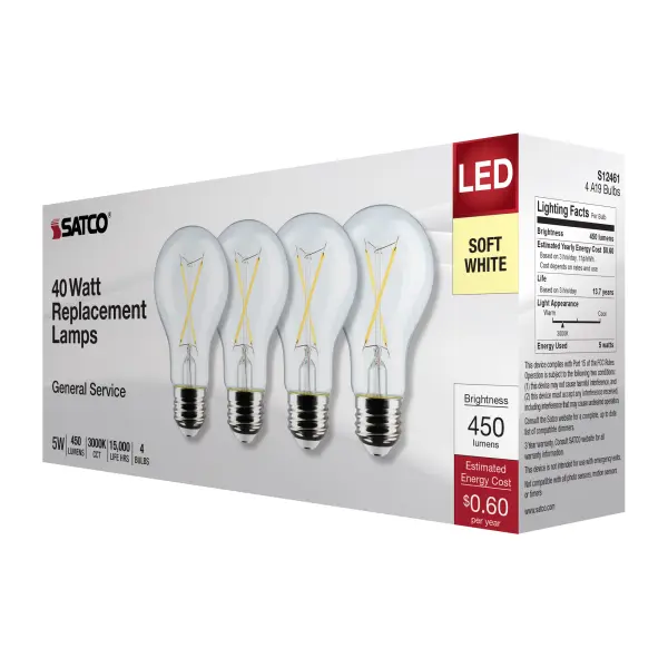 5 Watt A19 LED Filament - Clear - 3000K - Medium Base - 120 Volt - 4-Pack - Image 7