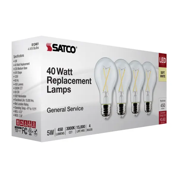 5 Watt A19 LED Filament - Clear - 3000K - Medium Base - 120 Volt - 4-Pack - Image 8