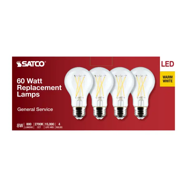 8 Watt A19 LED Filament - Clear - 2700K - Medium Base - 120 Volt - 4-Pack - Image 5