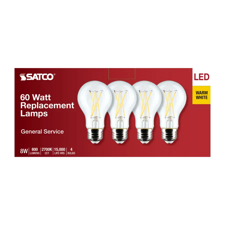 8 Watt A19 LED Filament - Clear - 2700K - Medium Base - 120 Volt - 4-Pack - Image 5