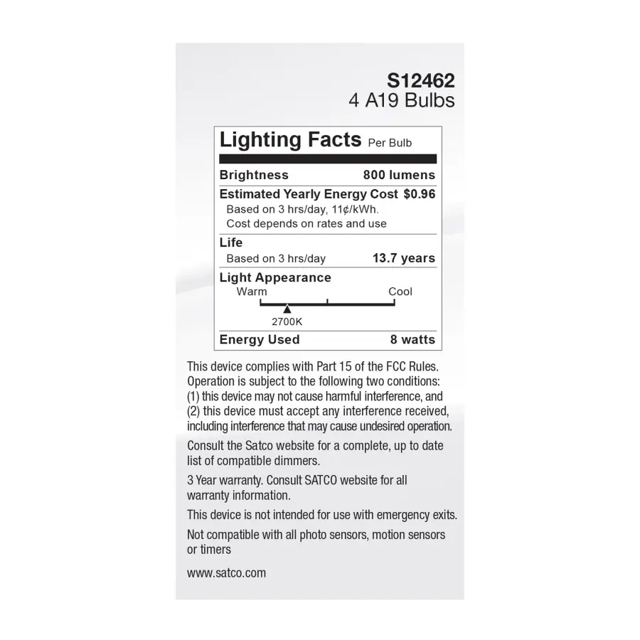 8 Watt A19 LED Filament - Clear - 2700K - Medium Base - 120 Volt - 4-Pack - Image 6