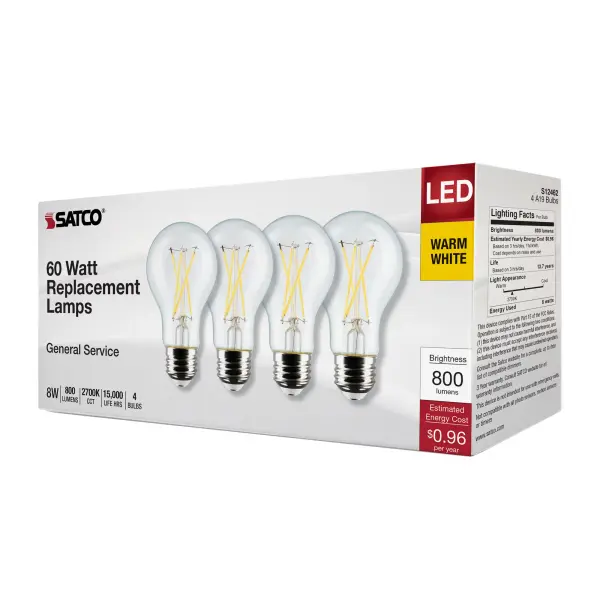 8 Watt A19 LED Filament - Clear - 2700K - Medium Base - 120 Volt - 4-Pack - Image 9