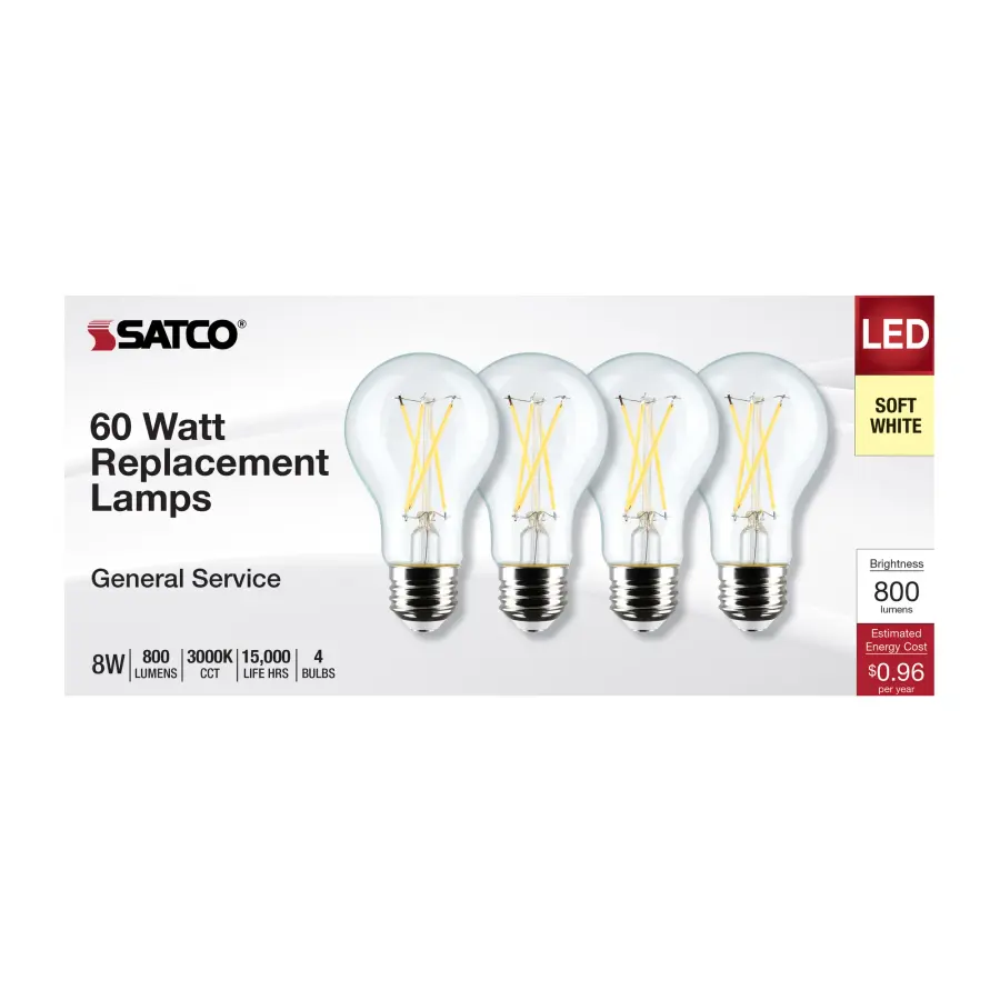 8 Watt A19 LED Filament - Clear - 3000K - Medium Base - 120 Volt - 4-Pack - Image 4