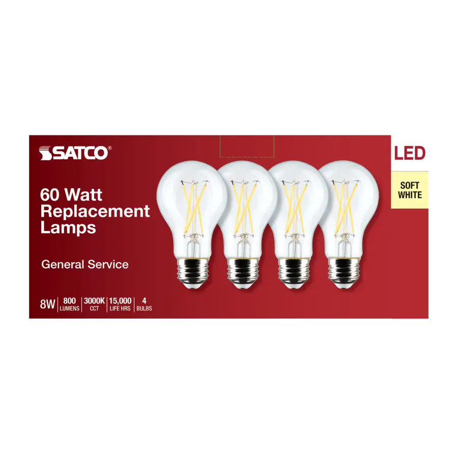 8 Watt A19 LED Filament - Clear - 3000K - Medium Base - 120 Volt - 4-Pack - Image 5