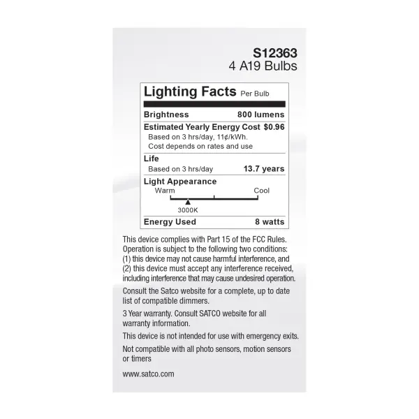 8 Watt A19 LED Filament - Clear - 3000K - Medium Base - 120 Volt - 4-Pack - Image 6
