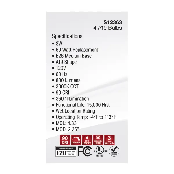 8 Watt A19 LED Filament - Clear - 3000K - Medium Base - 120 Volt - 4-Pack - Image 7