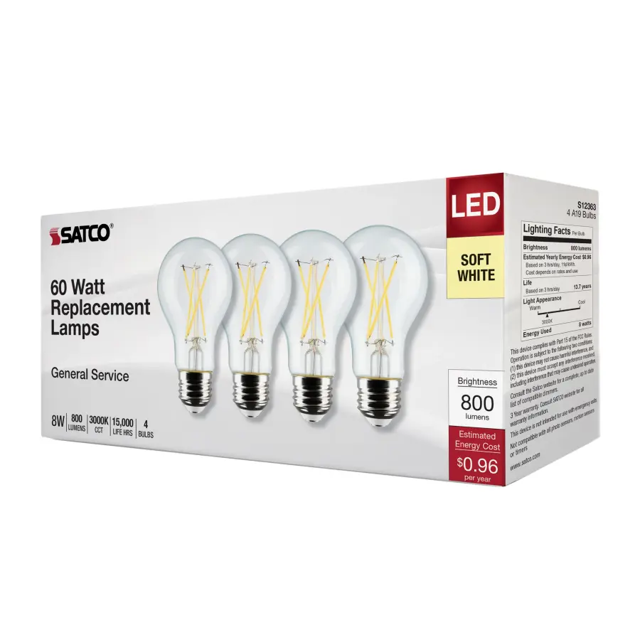 8 Watt A19 LED Filament - Clear - 3000K - Medium Base - 120 Volt - 4-Pack - Image 9