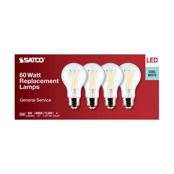 8 Watt A19 LED Filament - Clear - 4000K - Medium Base - 120 Volt - 4-Pack - Image 5