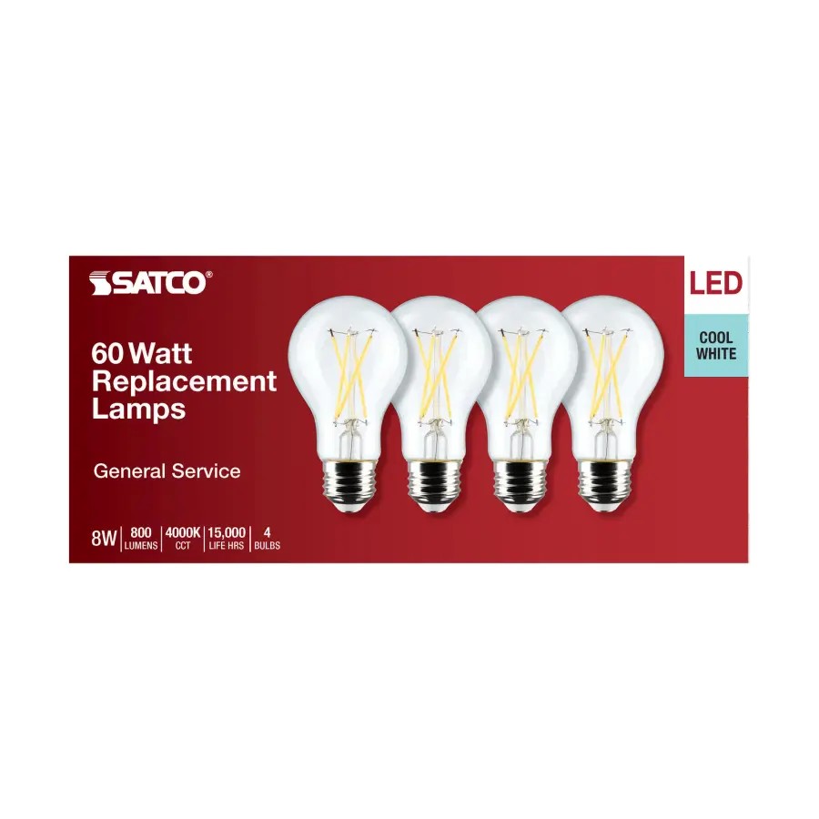 8 Watt A19 LED Filament - Clear - 4000K - Medium Base - 120 Volt - 4-Pack - Image 5