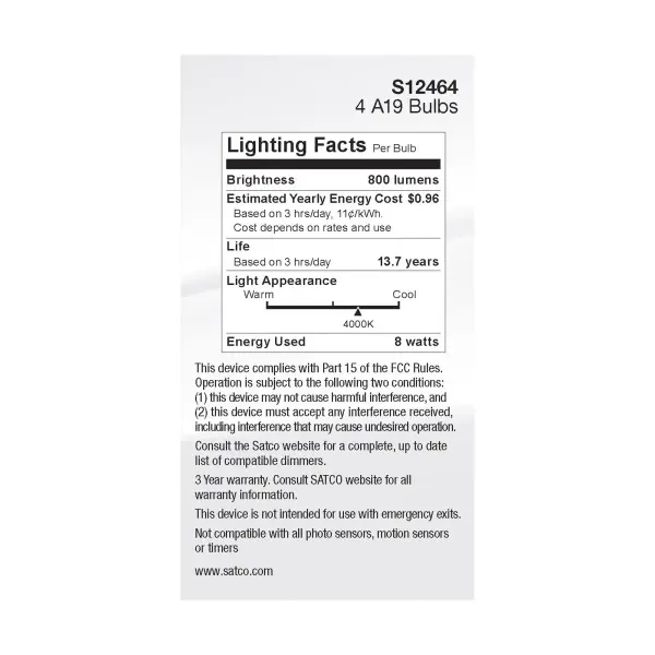 8 Watt A19 LED Filament - Clear - 4000K - Medium Base - 120 Volt - 4-Pack - Image 6