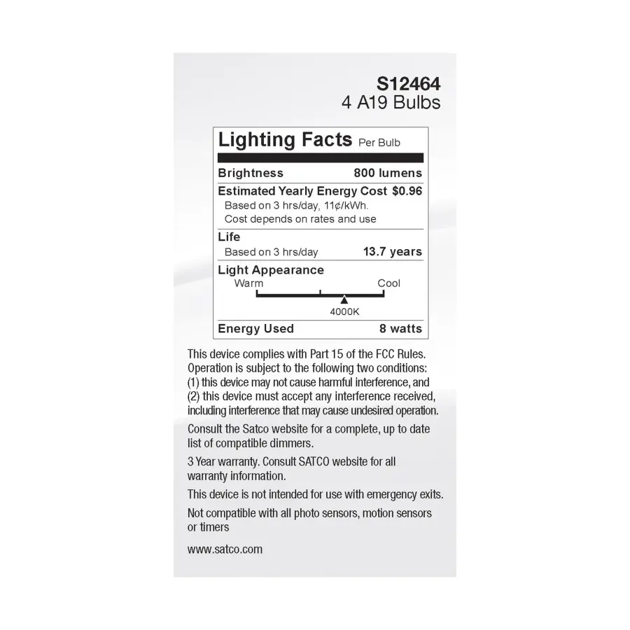 8 Watt A19 LED Filament - Clear - 4000K - Medium Base - 120 Volt - 4-Pack - Image 6