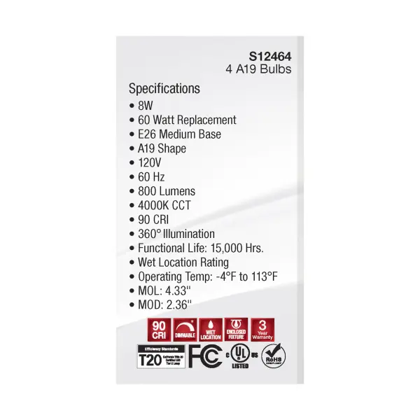 8 Watt A19 LED Filament - Clear - 4000K - Medium Base - 120 Volt - 4-Pack - Image 7