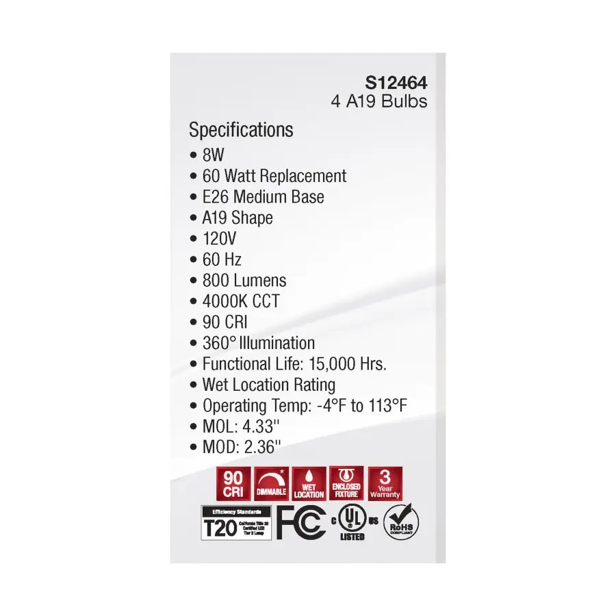 8 Watt A19 LED Filament - Clear - 4000K - Medium Base - 120 Volt - 4-Pack - Image 7