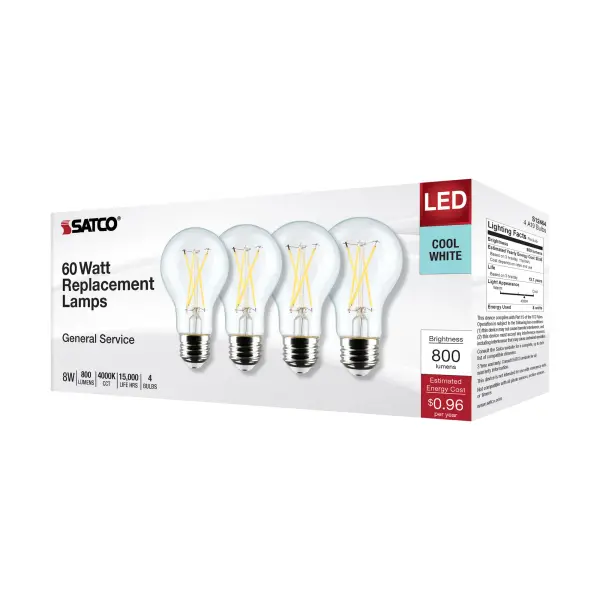 8 Watt A19 LED Filament - Clear - 4000K - Medium Base - 120 Volt - 4-Pack - Image 8