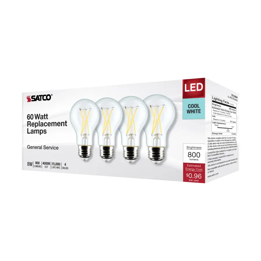 8 Watt A19 LED Filament - Clear - 4000K - Medium Base - 120 Volt - 4-Pack - Image 8