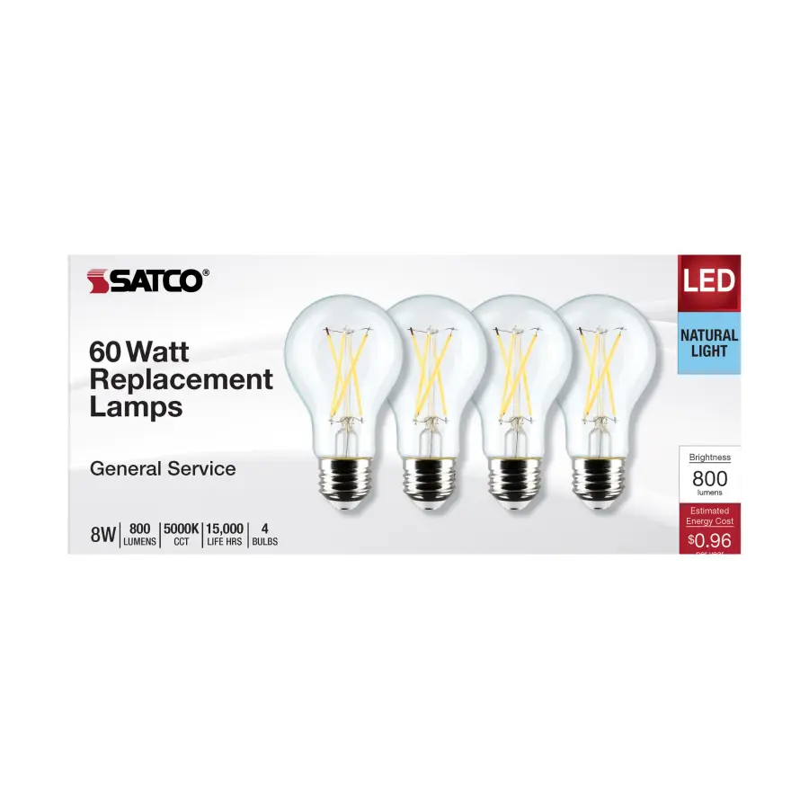 8 Watt A19 LED Filament - Clear - 5000K - Medium Base - 120 Volt - 4-Pack - Image 4