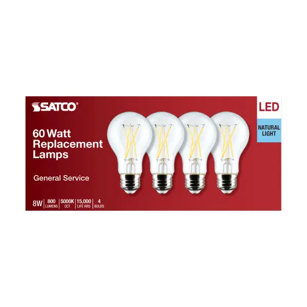 8 Watt A19 LED Filament - Clear - 5000K - Medium Base - 120 Volt - 4-Pack - Image 5