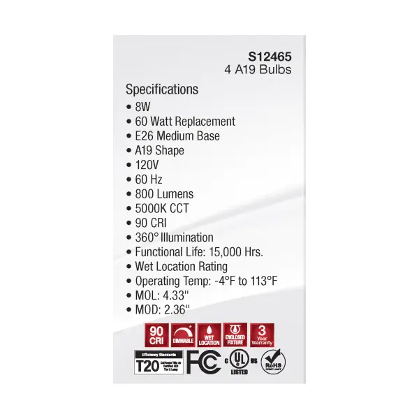 8 Watt A19 LED Filament - Clear - 5000K - Medium Base - 120 Volt - 4-Pack - Image 7