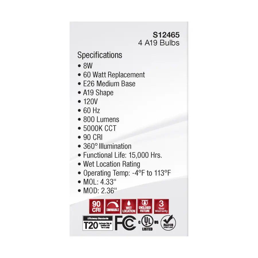 8 Watt A19 LED Filament - Clear - 5000K - Medium Base - 120 Volt - 4-Pack - Image 7