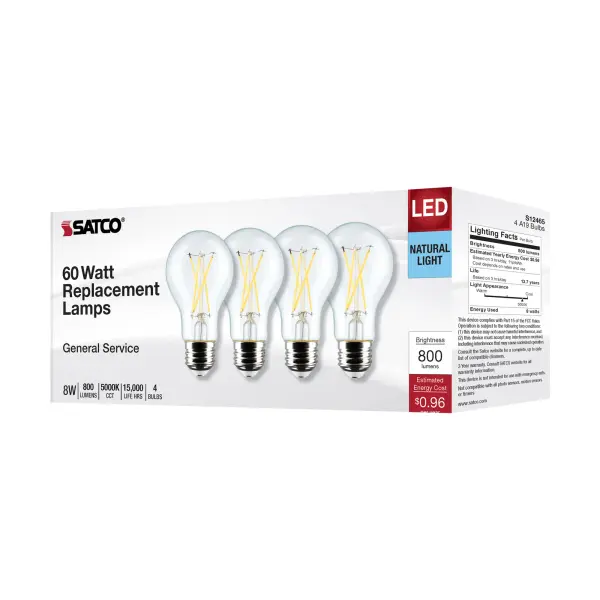 8 Watt A19 LED Filament - Clear - 5000K - Medium Base - 120 Volt - 4-Pack - Image 8