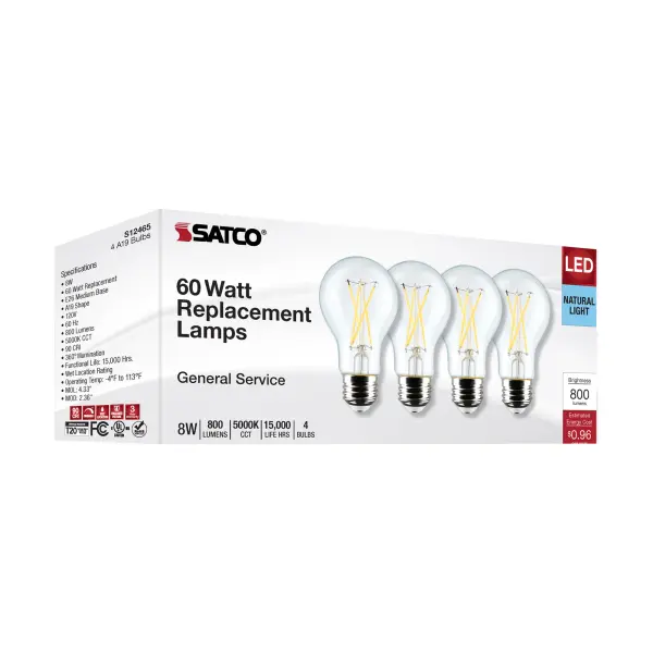 8 Watt A19 LED Filament - Clear - 5000K - Medium Base - 120 Volt - 4-Pack - Image 9