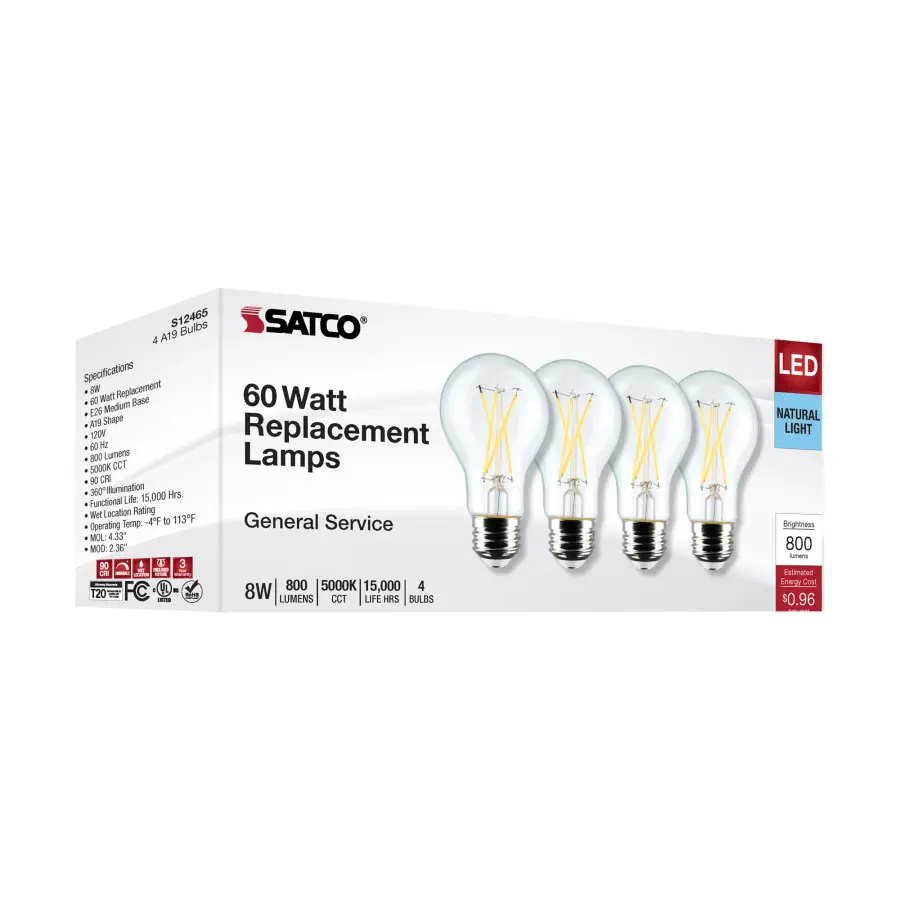 8 Watt A19 LED Filament - Clear - 5000K - Medium Base - 120 Volt - 4-Pack - Image 9