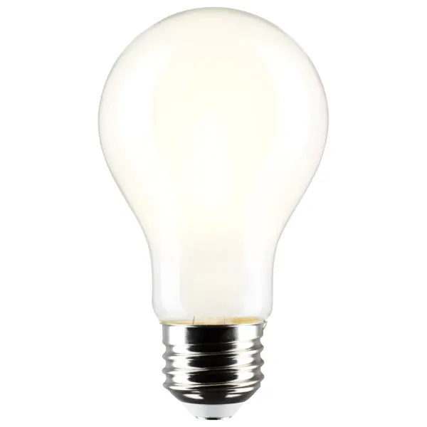 Satco's S12466 8-watt, A19 LED bulb with a medium base is dimmable and offers warm white light with a 280 degree beam spread. Wet rated for use in kitchens and bathrooms, this soft white bulb is sold in a convenient 4-pack. Elegant and long-lasting, this soft white bulb delivers 15,000 hours of exceptional illumination. - alternate view