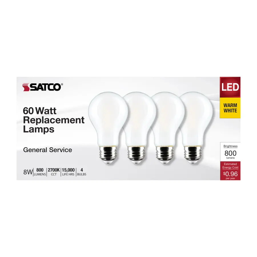 8 Watt A19 LED Filament - Soft White - 2700K - Medium Base - 120 Volt - 4-Pack - Image 4