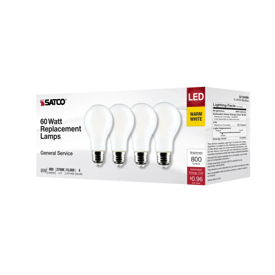 8 Watt A19 LED Filament - Soft White - 2700K - Medium Base - 120 Volt - 4-Pack - Image 8