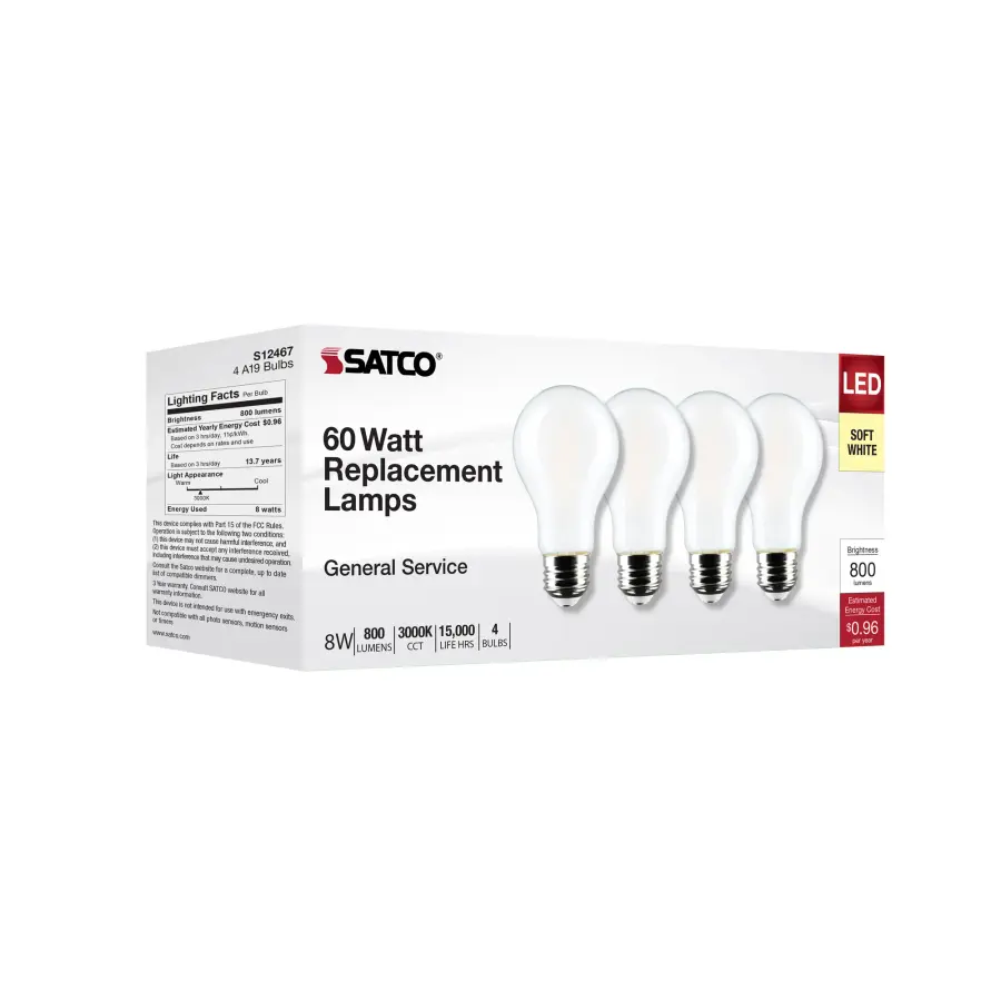 8 Watt A19 LED Filament - Soft White - 3000K - Medium Base - 120 Volt - 4-Pack - Image 9