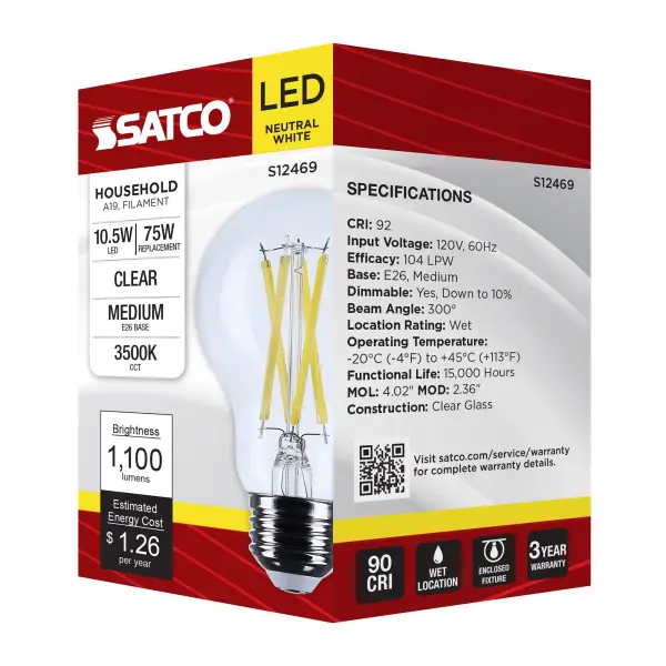 10.5 Watt A19 LED - Medium Base - Clear - 3500K CCT - 120 Volt - Image 8