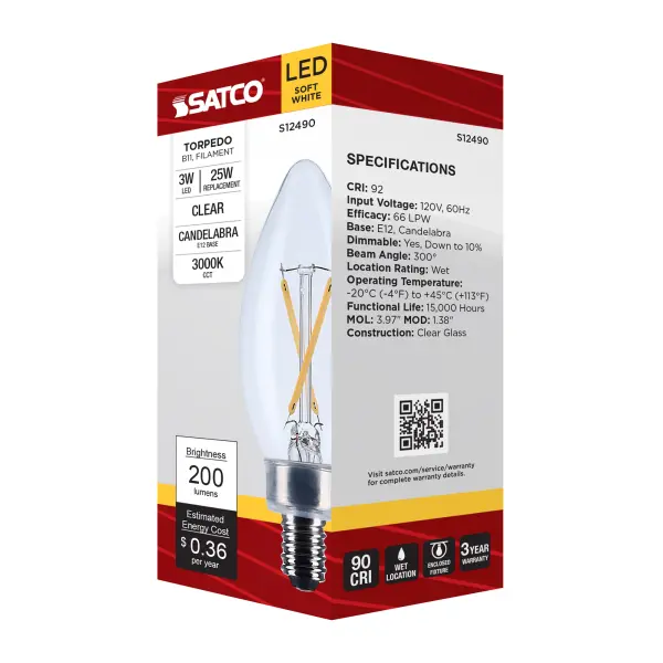 3 Watt B11 LED - Candelabra Base - Clear - 3000K CCT - 120 Volt - Image 8