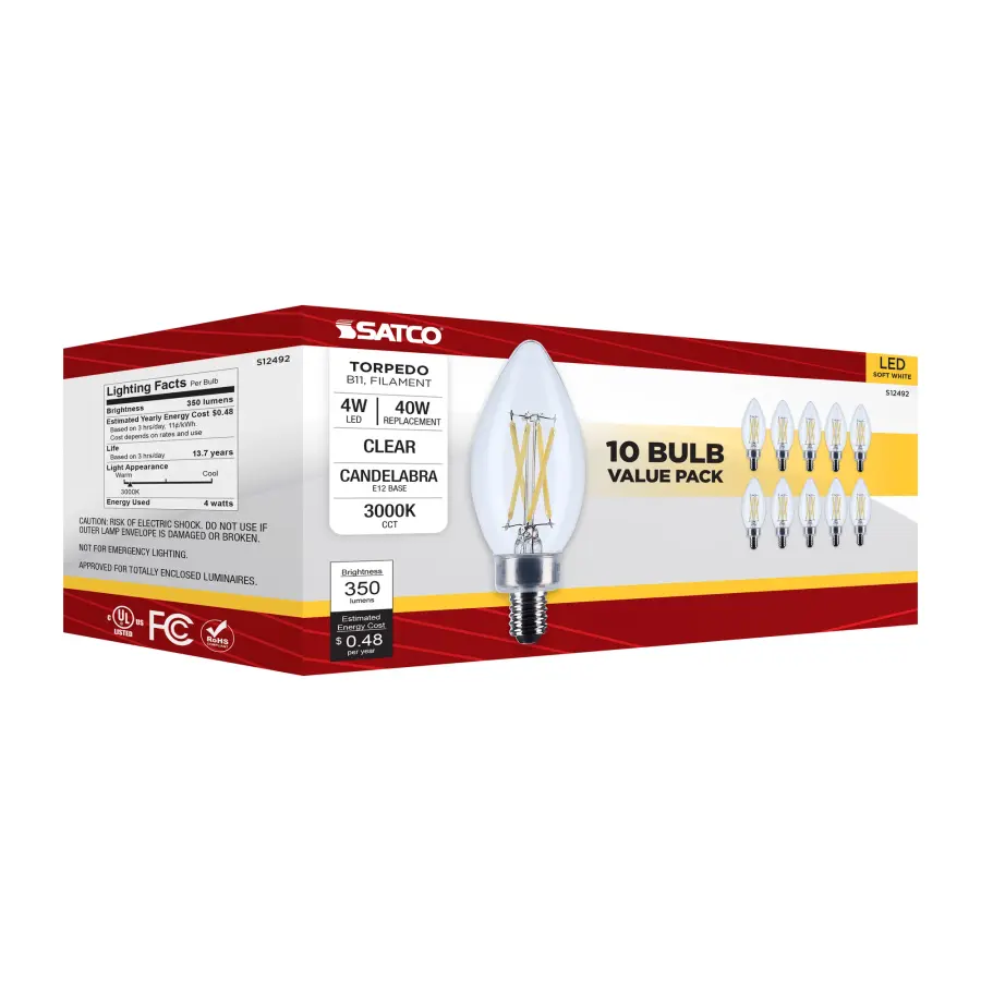 4 Watt B11 LED - Candelabra Base - Clear - 3000K CCT - 120 Volt - 10-pk - Image 6