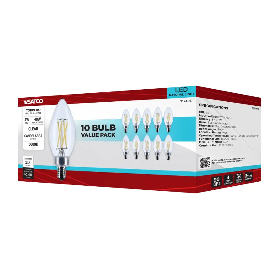 4 Watt B11 LED - Candelabra Base - Clear - 5000K CCT - 120 Volt - 10-pk - Image 8