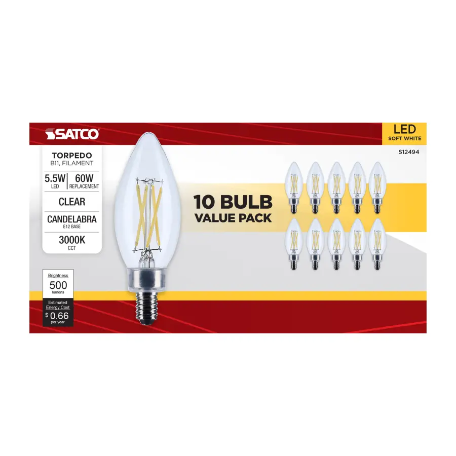 5.5 Watt B11 LED - Candelabra Base - Clear - 3000K CCT - 120 Volt - 10-pk - Image 2