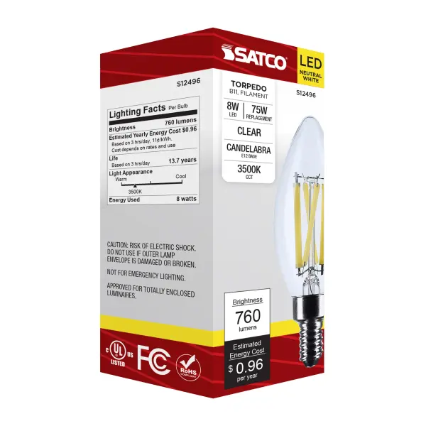 8 Watt B11 LED - Candelabra Base - Candle-Tip - Clear - 3500K CCT - 120 Volt - Image 7