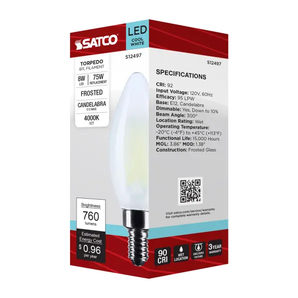 8 Watt B11 LED - Candelabra Base - Candle-Tip - Frost Finish - 4000K CCT - 120 Volt - Image 7