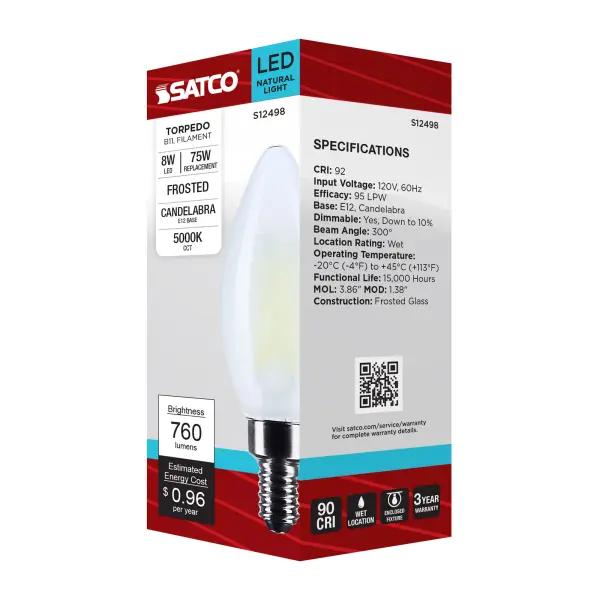 8 Watt B11 LED - Candelabra Base - Candle-Tip - Frost Finish - 5000K CCT - 120 Volt - Image 8