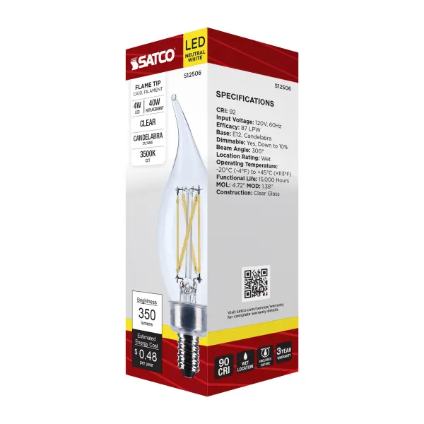 4 Watt CA10 LED - Candelabra Base - Clear - 3500K CCT - 120 Volt - Image 7