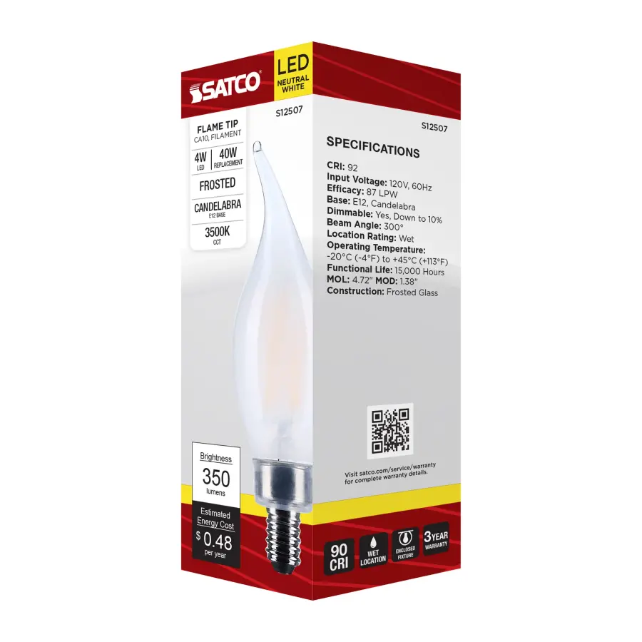 4 Watt CA10 LED - Candelabra Base - Frost Finish - 3500K CCT - 120 Volt - Image 8