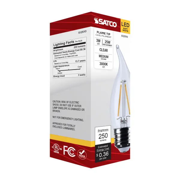 3 Watt CA10 LED - Medium Base - Clear - 3000K CCT - 120 Volt - Image 7