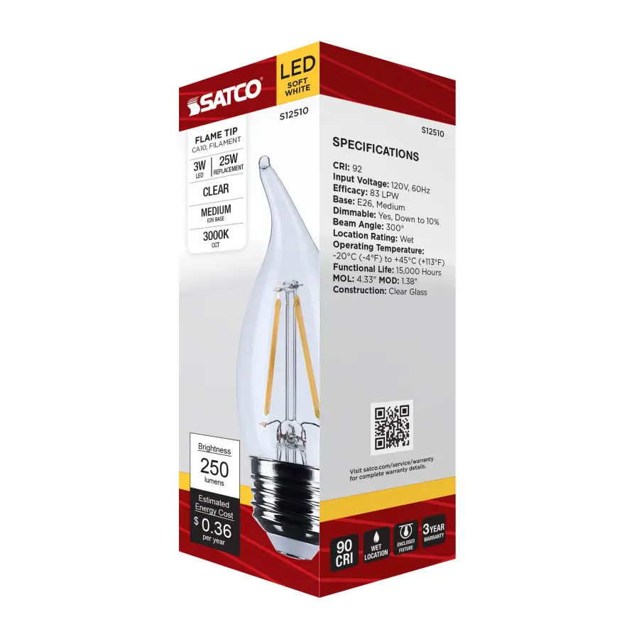 3 Watt CA10 LED - Medium Base - Clear - 3000K CCT - 120 Volt - Image 8